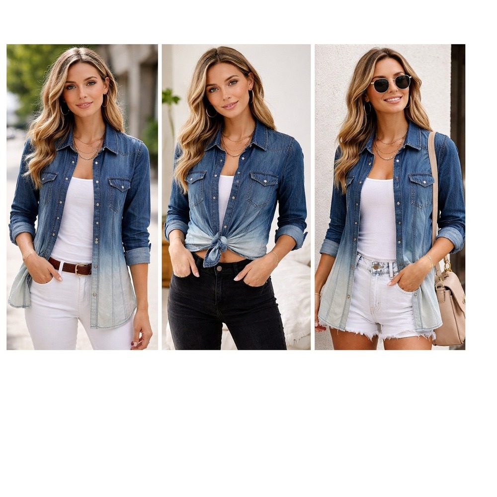 Wrangler Rock 47 Womens Ombre Denim Shirt Blue White‎ Tencel Pearl Snap Large
